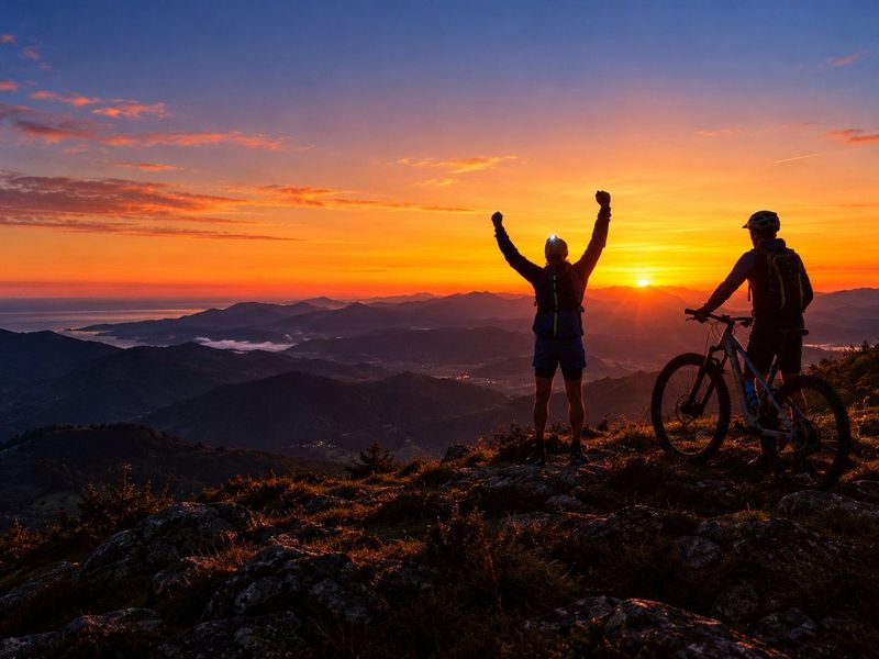 Dos personas en la cima de un monte al atardecer, una con los brazos en alto y otra junto a su bicicleta de montaña, con el valle y el mar al fondo